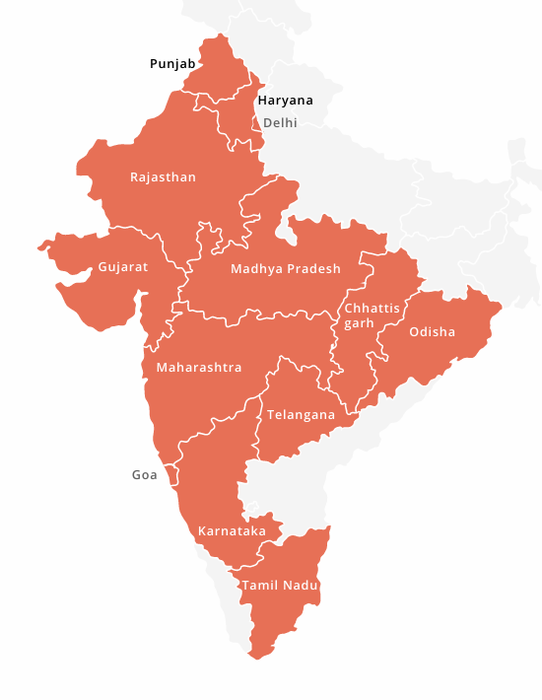 Map of India highlighting the thirteen states where Sangam Road Carriers delivers most frequently